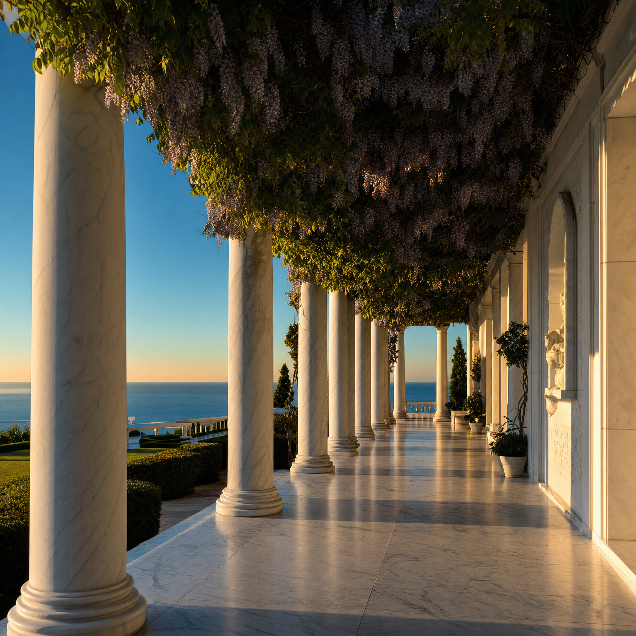 A classical marble colonnade at dusk overlooking the sea