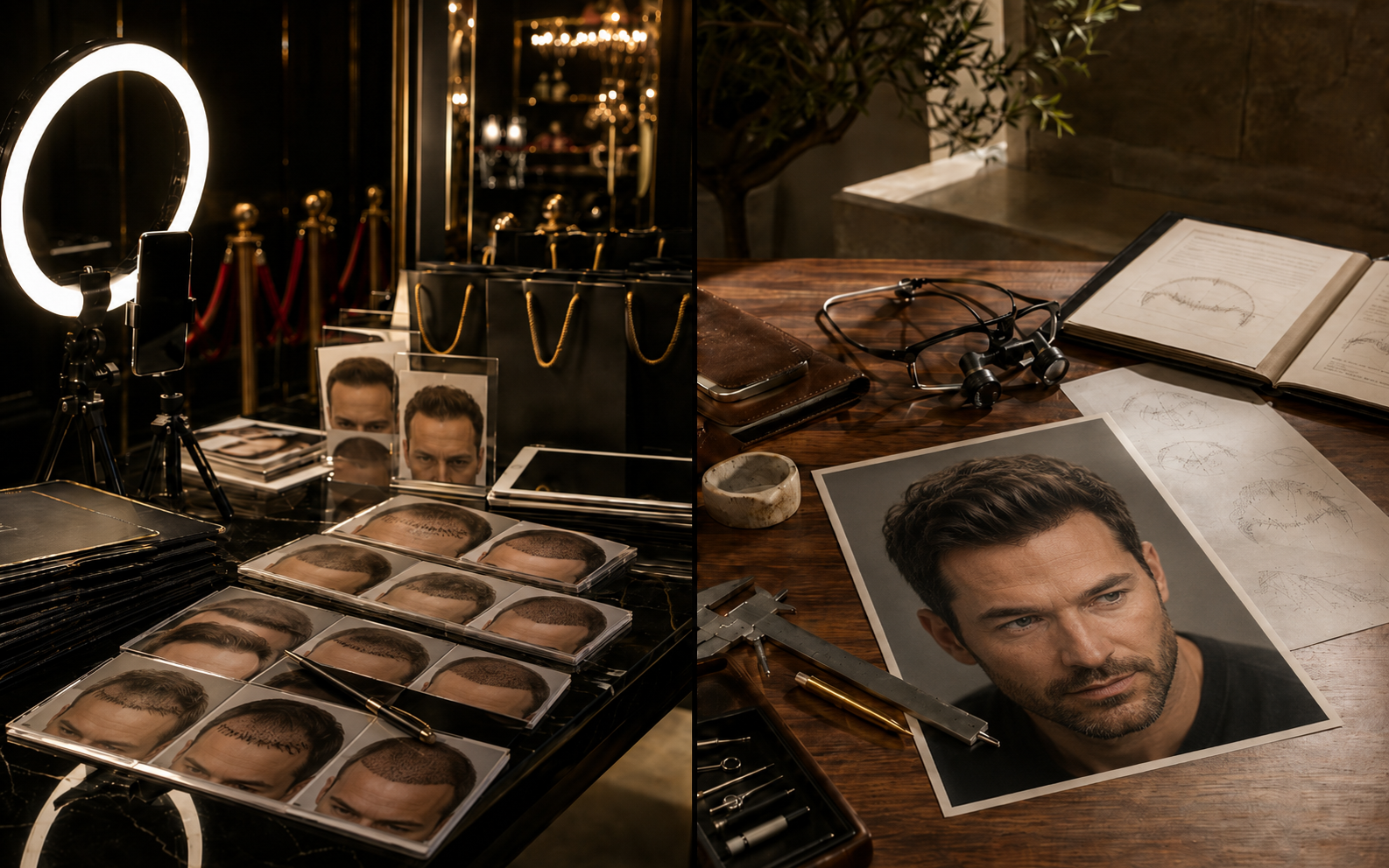 Split scene: a hair mill’s sales table stacked with identical before-and-after cards beside a ring light, and a surgeon’s desk with loupes, calipers, and a single patient’s hairline plan