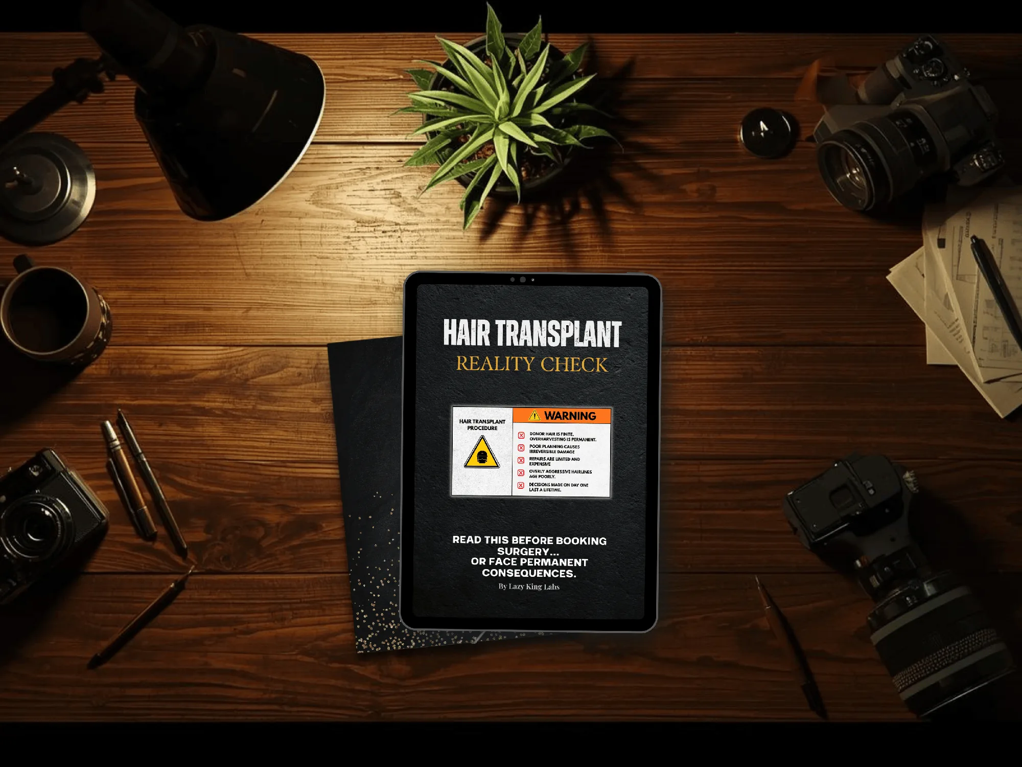 Hair Transplant Reality Check guide, shown on a tablet on a desk