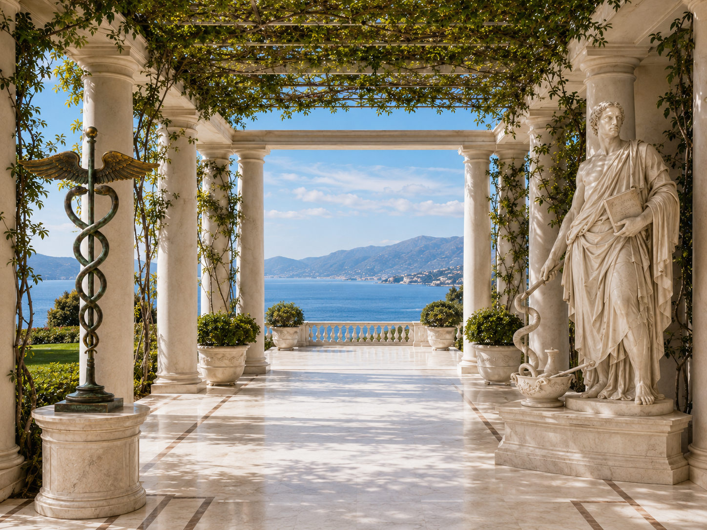 A sunlit marble terrace with a bronze caduceus and a classical statue overlooking the sea