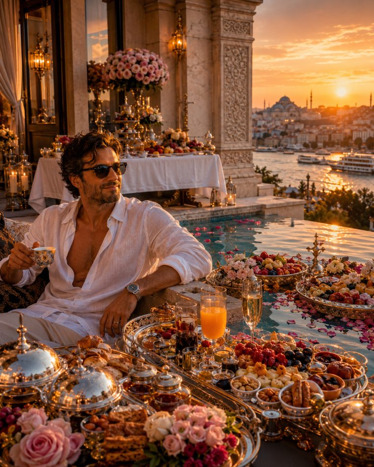 A gilded breakfast spread beside an infinity pool overlooking the Bosphorus