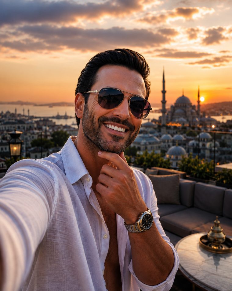 An influencer grins into a rooftop selfie at sunset, domes and minarets behind him