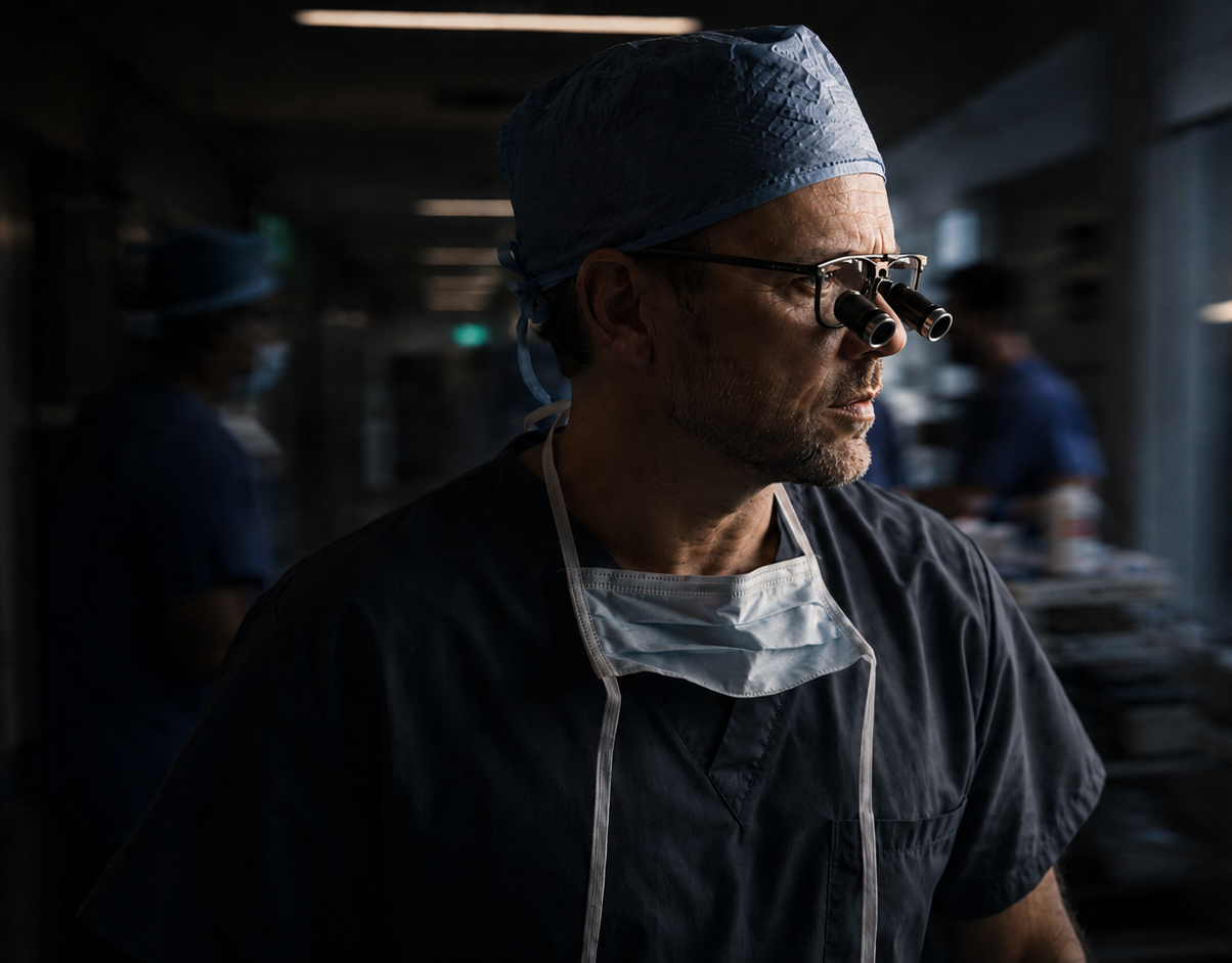 A surgeon in loupes, focused before a procedure